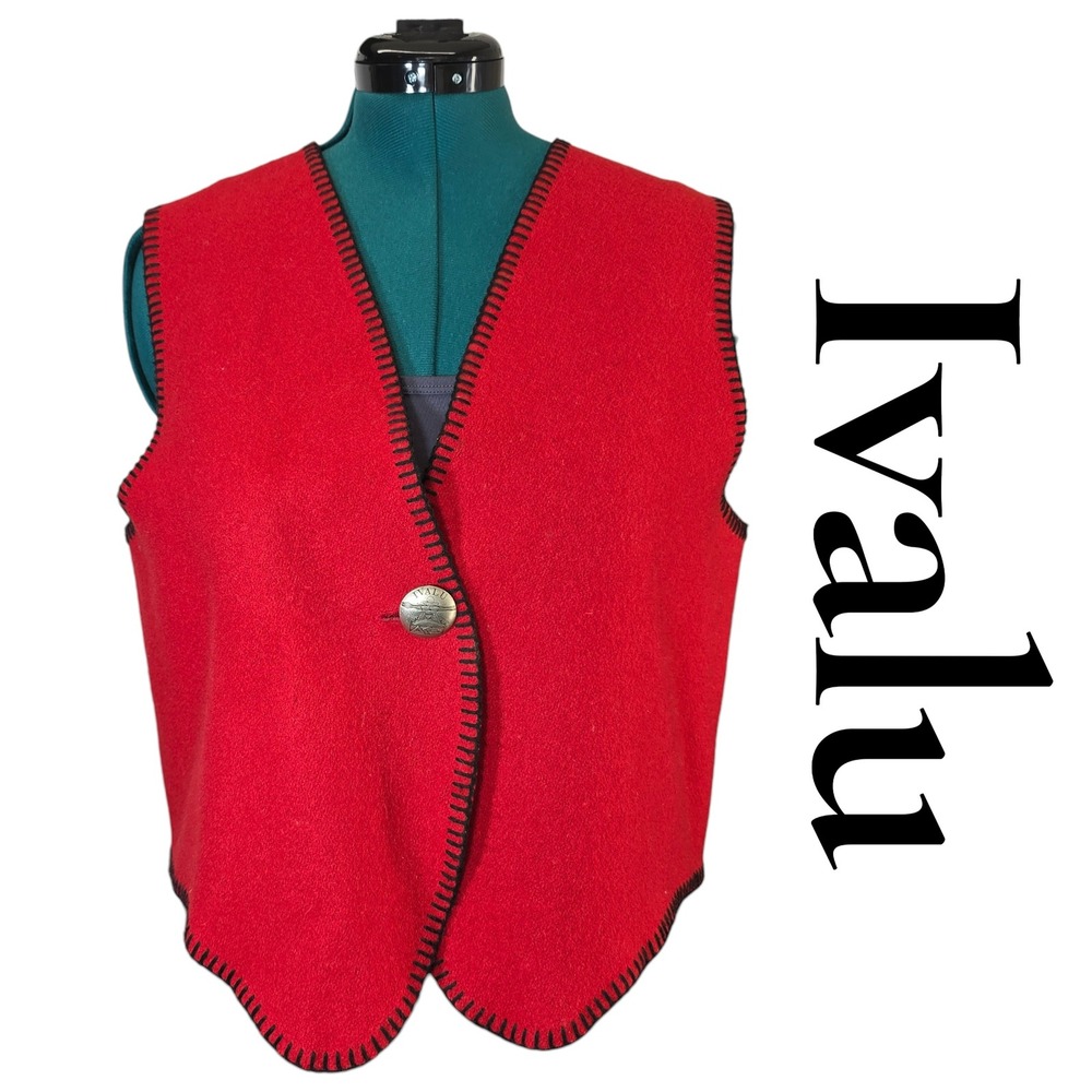 Ivalu Wool Vest Women Medium Red 100 Wool Inukshuk Indigenous Art Made in Canada